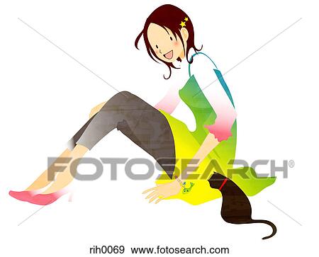 Stock Illustration - Illustration portrait of a young woman playing with a cat. Fotosearch