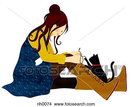 Stock Illustration - Illustration portrait of a young woman tying her shoe laces and playing with a cat. Fotosearch