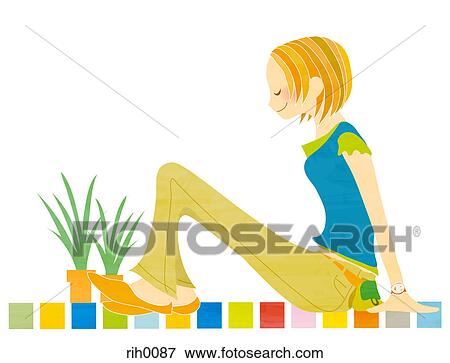 Illustration portrait of a young woman sitting on colorful tiles View Large Illustration Stock Illustration - Illustration portrait of a young woman sitting on colorful tiles. Fotosearch