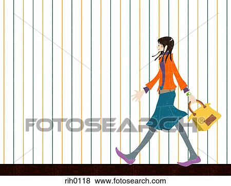 Illustration portrait of a young woman walking on a striped background View Large Illustration Stock Illustration - Illustration portrait of a young woman walking on a striped background. Fotosearch