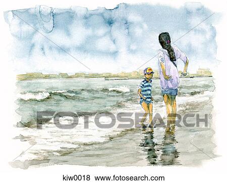 Stock Illustration - Painting of a mother and child playing in the sea. Fotosearch