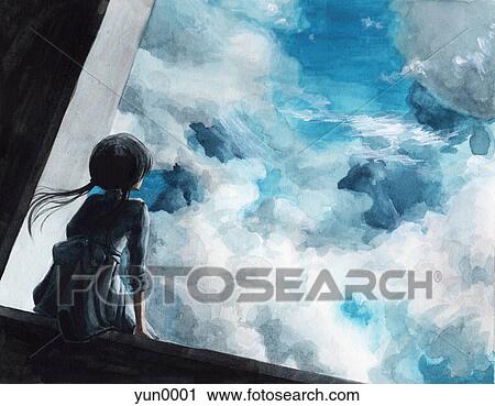 Clip Art - Painting of a young girl looking out at clouds. Fotosearch