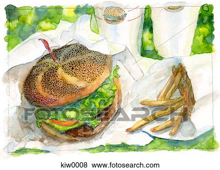 Stock Illustration - Painting of hamburger and fries. Fotosearch