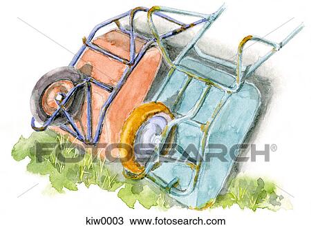 Drawing - Painting of two wheelbarrows leaning against a wall. Fotosearch