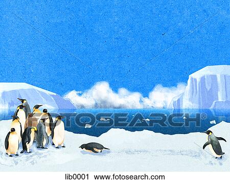 Clip Art - Penguins playing in the ice. Fotosearch