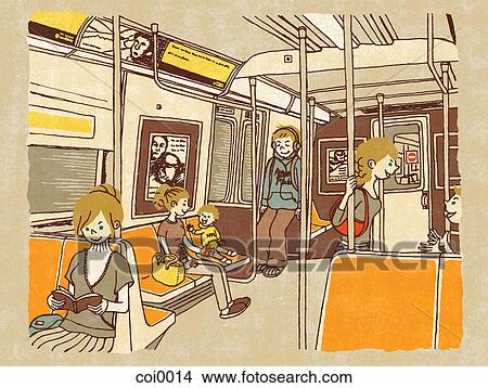 Stock Illustration - People traveling in a train carriage. Fotosearch