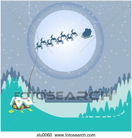 Reindeer pulling Santas sleigh View Large Illustration Clipart - Reindeer pulling Santas sleigh. Fotosearch