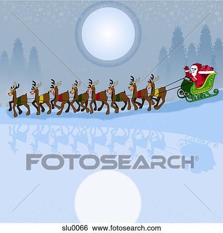 Reindeer pulling Santas sleigh View Large Illustration Stock Illustration - Reindeer pulling Santas sleigh. Fotosearch
