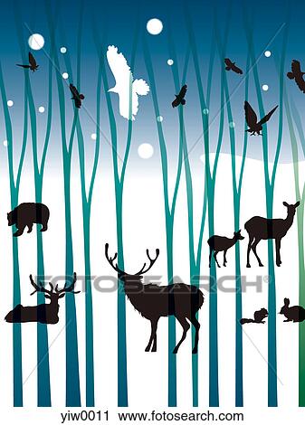 Silhouettes of deer and birds in a forest View Large Illustration Clip Art - Silhouettes of deer and birds in a forest. Fotosearch