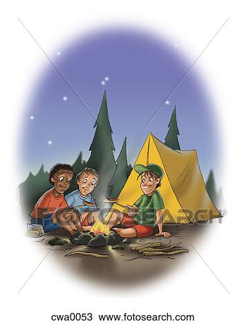 Three boys by a camp fire at night View Large Illustration Drawing - Three boys by a camp fire at night. Fotosearch