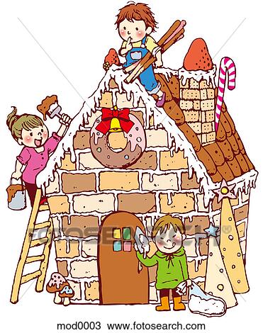 Drawing - Three children making a gingerbread house. Fotosearch
