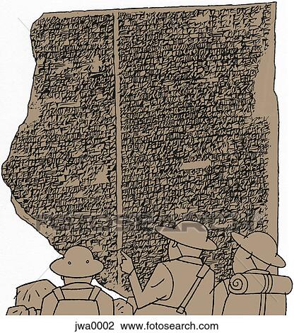 Drawing - Three explorers reading script on a stone. Fotosearch