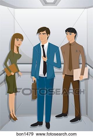 Stock Illustration - Three people in a elevator. Fotosearch