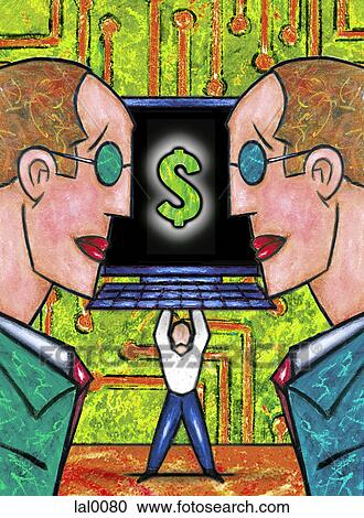 Two businessmen looking at a dollar symbol on a laptop screen View Large Illustration Clipart - Two businessmen looking at a dollar symbol on a laptop screen. Fotosearch