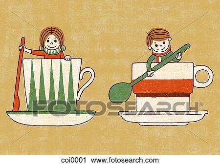 Two children playing in larger tea cups View Large Illustration Clip Art - Two children playing in larger tea cups. Fotosearch