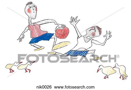 Stock Illustration - Two children playing with a ball. Fotosearch