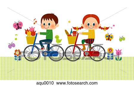 Two children riding bicycles View Large Illustration Clipart - Two children riding bicycles. Fotosearch