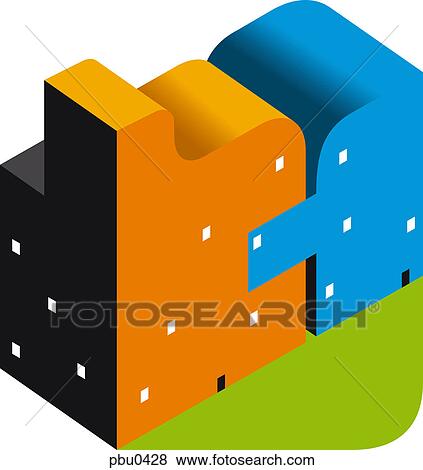 Stock Illustration - Two connected buildings in the shape of puzzle pieces. Fotosearch