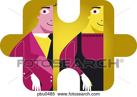 Stock Illustration - Two figures on a puzzle piece. Fotosearch