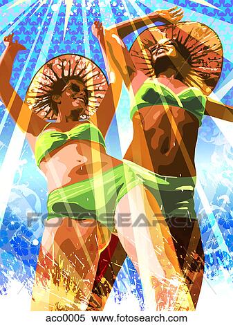 Stock Illustration - Two women dancing at the beach. Fotosearch