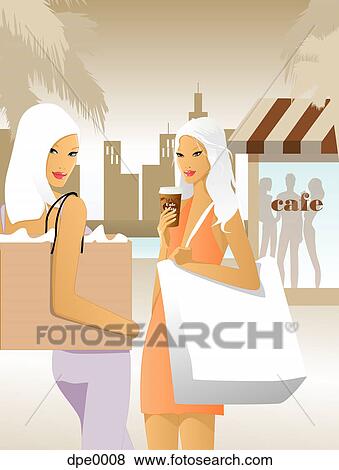 Two women enjoying coffee whilst shopping View Large Illustration Stock Illustration - Two women enjoying coffee whilst shopping. Fotosearch
