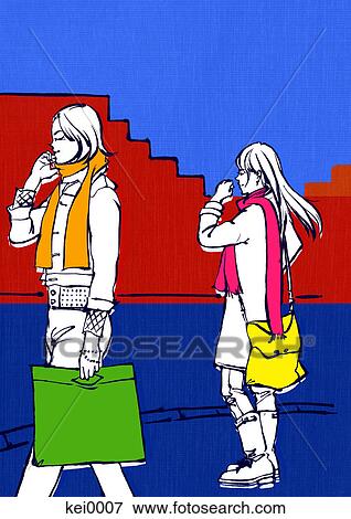 Two women in the street View Large Illustration Stock Illustration - Two women in the street. Fotosearch