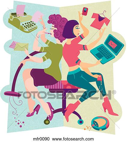 Two women multi tasking View Large Illustration Clipart - Two women multi tasking. Fotosearch