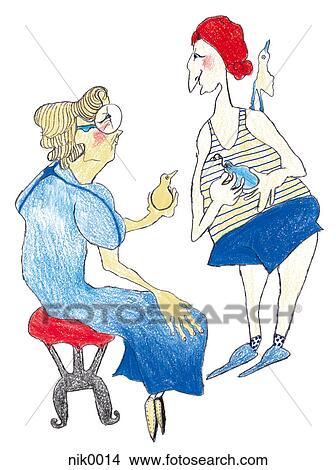 Two women talking with pet birds View Large Illustration Stock Illustration - Two women talking with pet birds. Fotosearch