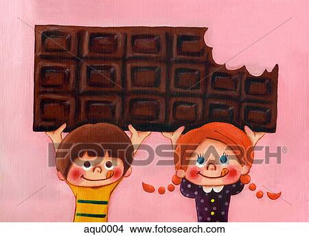 Stock Illustration - Two young children with a large chocolate bar. Fotosearch