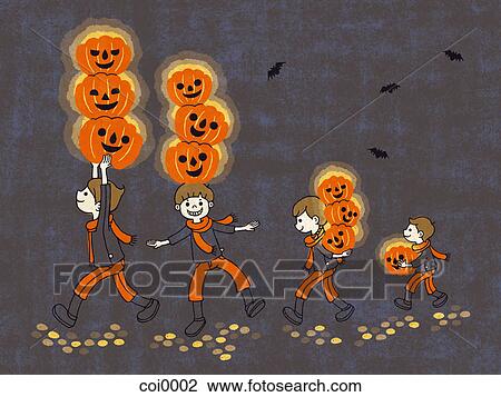 Drawing - Young boys carrying stacks of Halloween lanterns. Fotosearch