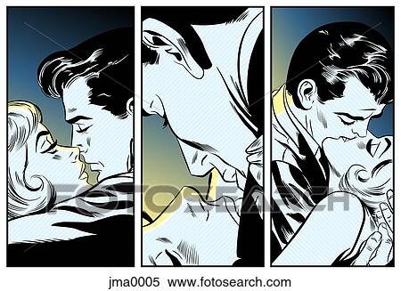 A レトロ 続きこま漫画 イラスト の ３ カップル 接吻 イラスト Jma0005 Fotosearch