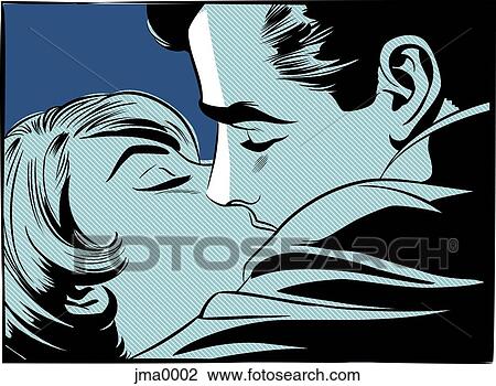 Drawing - A retro comic style illustration of a couple kissing. Fotosearch