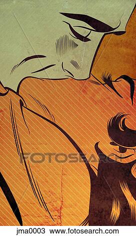 Drawing - A retro comic style illustration of a couple kissing. Fotosearch