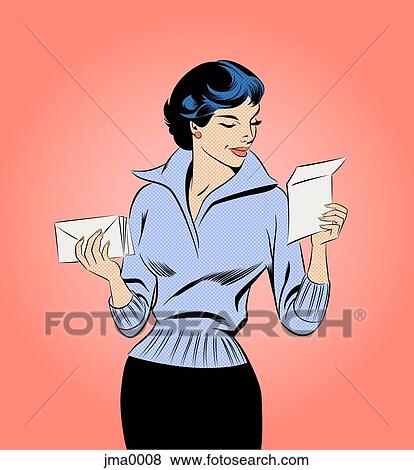 Stock Illustration - A retro comic style illustration of a woman opening mail. Fotosearch