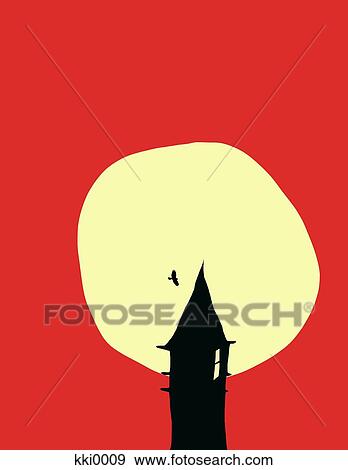 Illustration of a bird flying across the sky by a tower backed by the moon View Large Illustration Stock Illustration - Illustration of a bird flying across the sky by a tower backed by the moon. Fotosearch