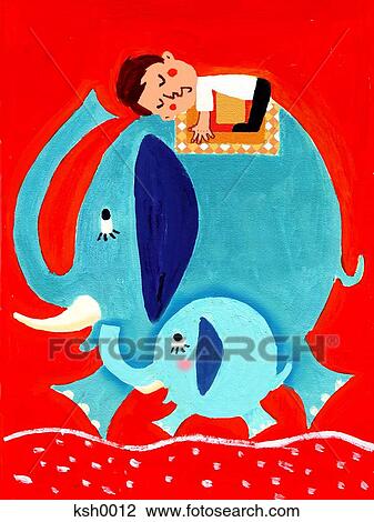 Drawing - Illustration of a boy riding a large elephant. Fotosearch