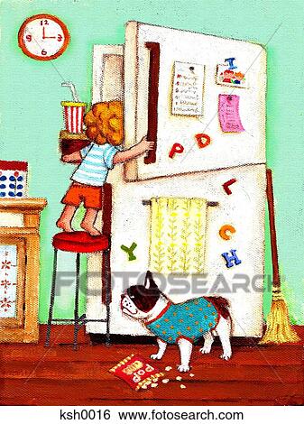 Illustration of a boy standing on a stool to get snacks from a freezer View Large Illustration Stock Illustration - Illustration of a boy standing on a stool to get snacks from a freezer. Fotosearch