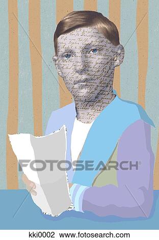 Drawing - Illustration of a boy who has writing on his face while holding paper. Fotosearch