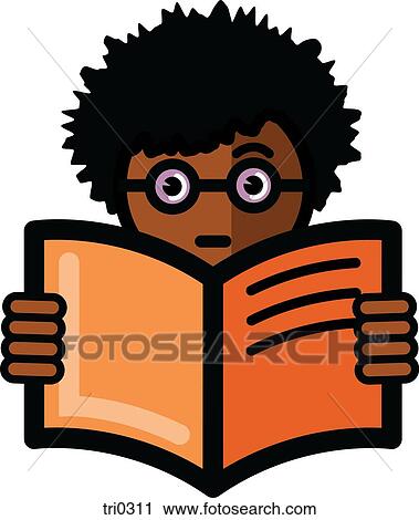 Clip Art - Illustration of a boy with glasses reading. Fotosearch