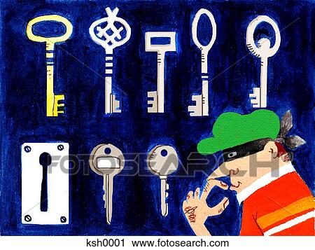 Clip Art - Illustration of a burglar inspecting a wall of keys. Fotosearch
