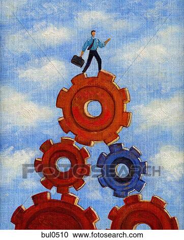 Clipart - Illustration of a businessman standing on top of gears. Fotosearch