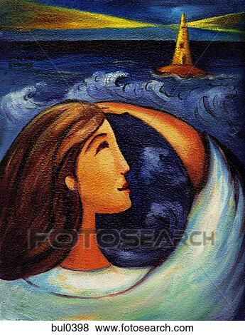 Stock Illustration - Illustration of a businesswoman looking at a lighthouse in the distance. Fotosearch