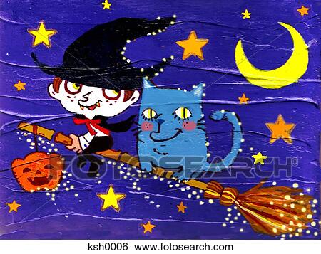 Stock Illustration - Illustration of a cat and a witch flying on a broomstick. Fotosearch