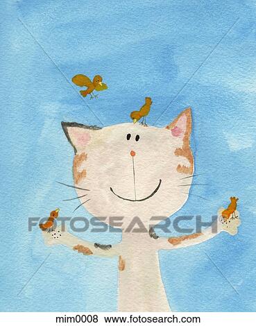 Illustration of a cat with birds eating seed from its hands View Large Illustration Stock Illustration - Illustration of a cat with birds eating seed from its hands. Fotosearch