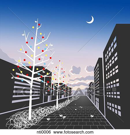Stock Illustration - Illustration of a city street lined with decorated trees and buildings. Fotosearch