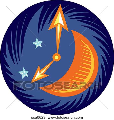 Illustration of a clock with a moon on it View Large Illustration Drawing - Illustration of a clock with a moon on it. Fotosearch