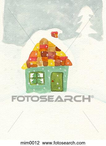 Illustration of a cottage in the snow with a Christmas tree in the window View Large Illustration Drawing - Illustration of a cottage in the snow with a Christmas tree in the window. Fotosearch
