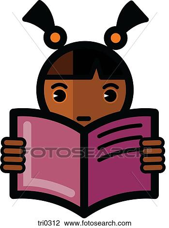 Drawing - Illustration of a girl with pigtails reading. Fotosearch