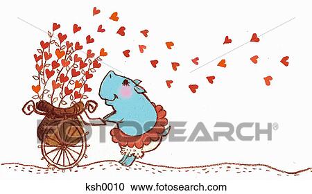 Illustration of a hippopotamus pushing a cart spreading heart shaped flowers View Large Illustration Clipart - Illustration of a hippopotamus pushing a cart spreading heart shaped flowers. Fotosearch