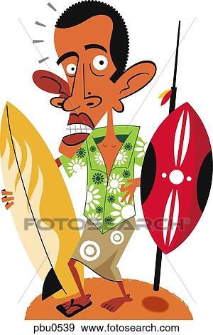 Stock Illustration - Illustration of a man holding a surf board and a warrior shield. Fotosearch